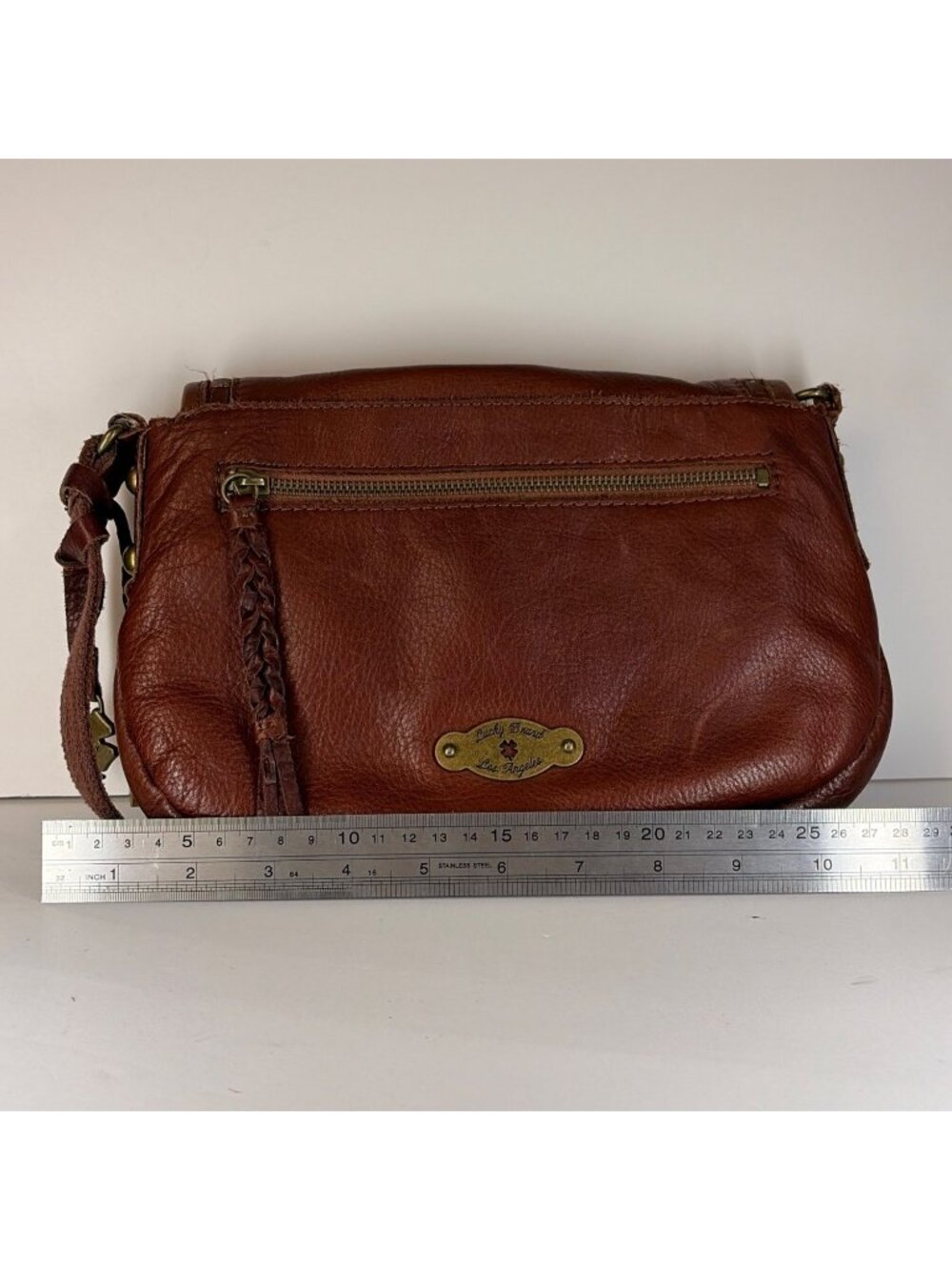 Vintage Lucky Brand Crossbody Shoulder Bag Italian Leather Whipstitch Brown - Picture 15 of 16